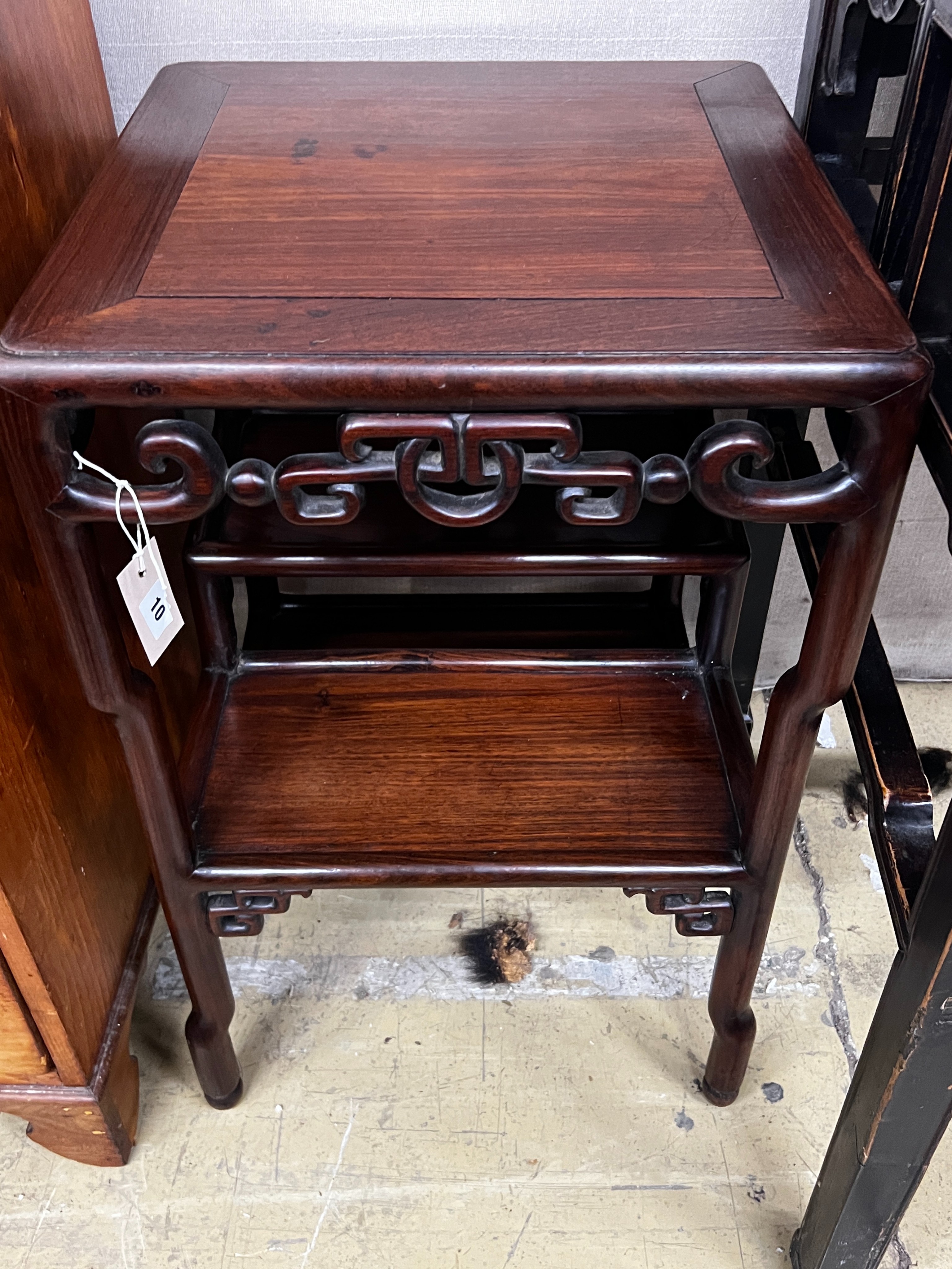 A Chinese carved hongmu two tier table, width 45cm, depth 45cm, height 73cm